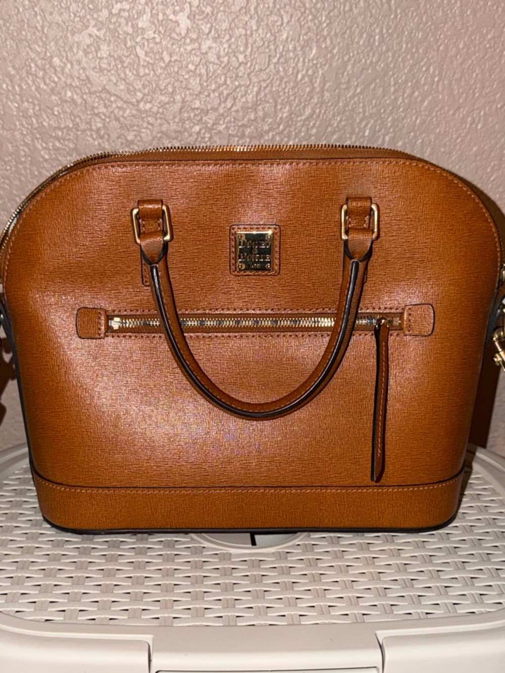 Dooney & Bourke Cognac Pebble Leather Dome Satchel with Gold Hardware